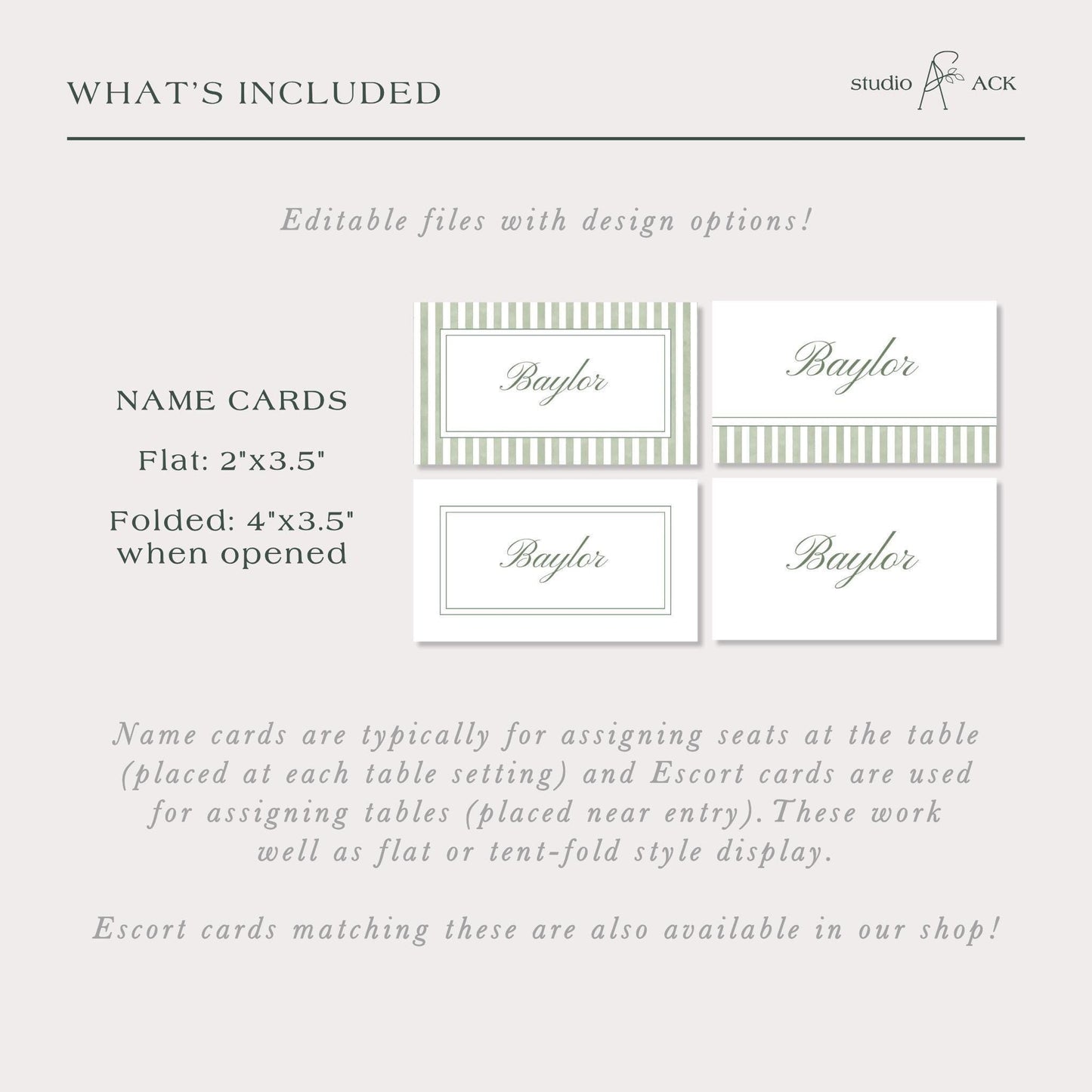 Green Striped Wedding Place Card Template