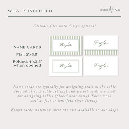 Green Striped Wedding Place Card Template