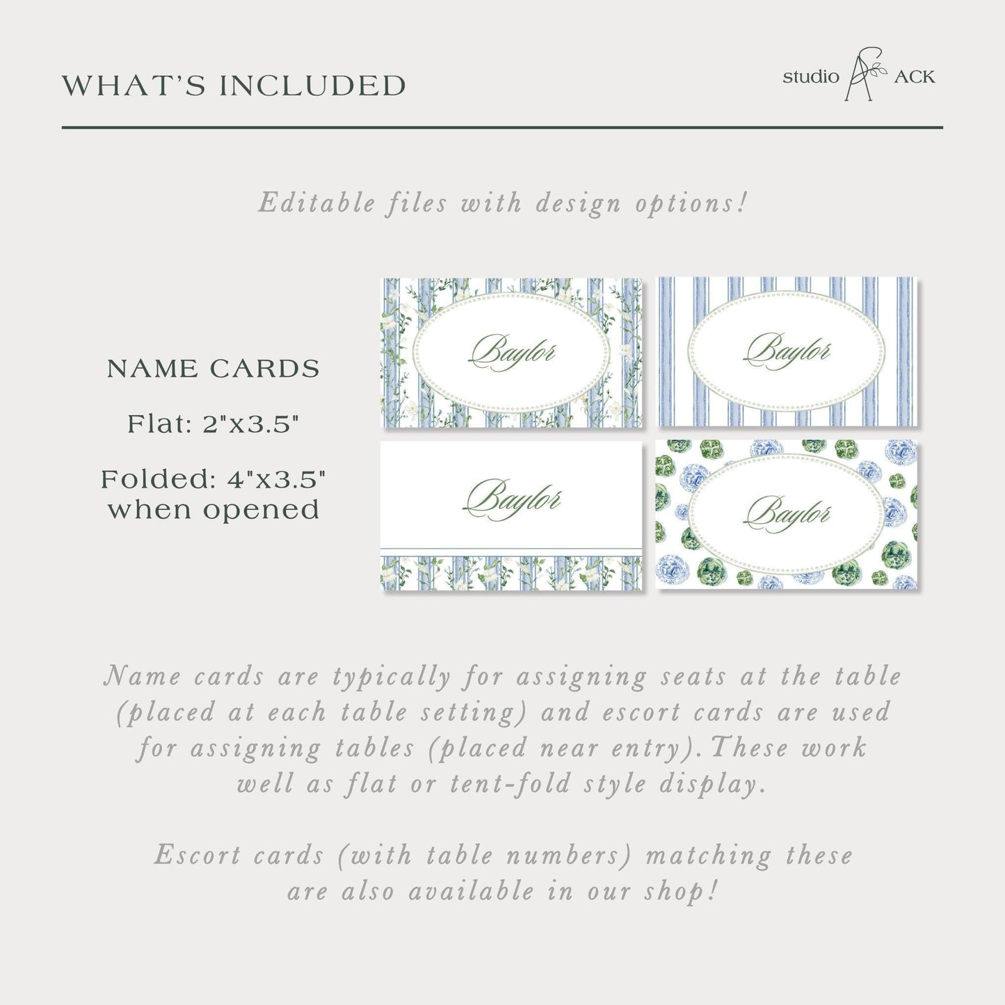 Blue, White & Green Wedding Place Card Template