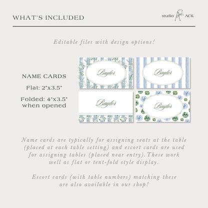 Blue, White & Green Wedding Place Card Template