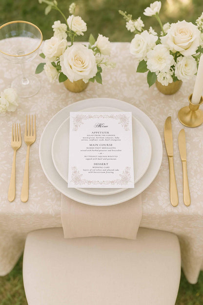 Wedding dinner menu with neutral floral line art styled on an elegant tablescape.