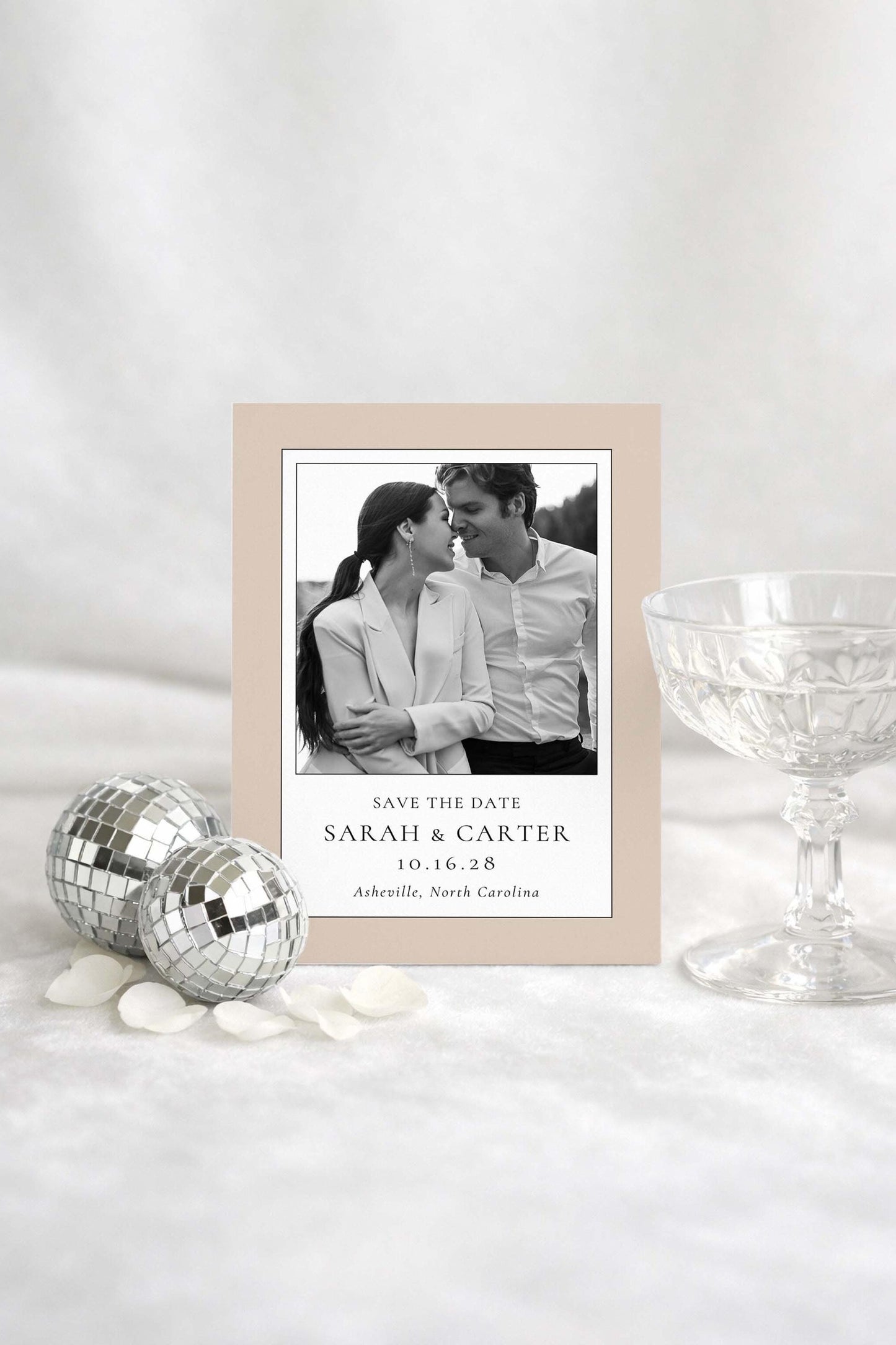 Modern save the date digital download featuring a minimalist polaroid-style photo design with clean typography and neutral tones. Editable wedding save the date template designed for couples seeking a timeless, modern announcement. Printable and digital format, perfect for elegant weddings and contemporary stationery.