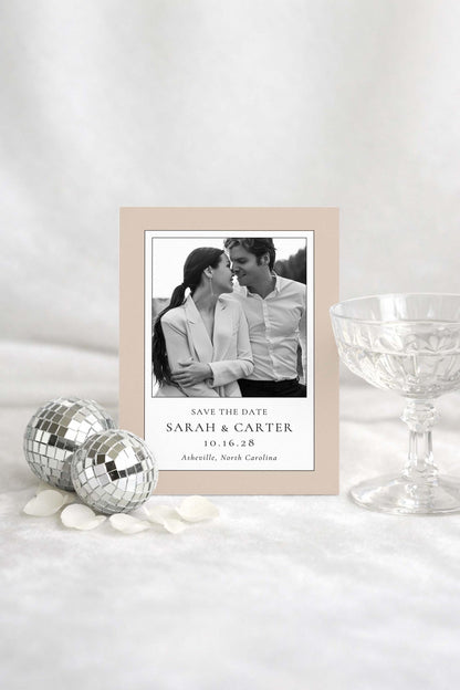 Modern save the date digital download featuring a minimalist polaroid-style photo design with clean typography and neutral tones. Editable wedding save the date template designed for couples seeking a timeless, modern announcement. Printable and digital format, perfect for elegant weddings and contemporary stationery.