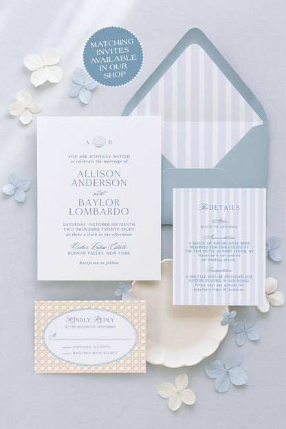 a wedding invitation set against a light blue background, with various details and elements related to the wedding ceremony.