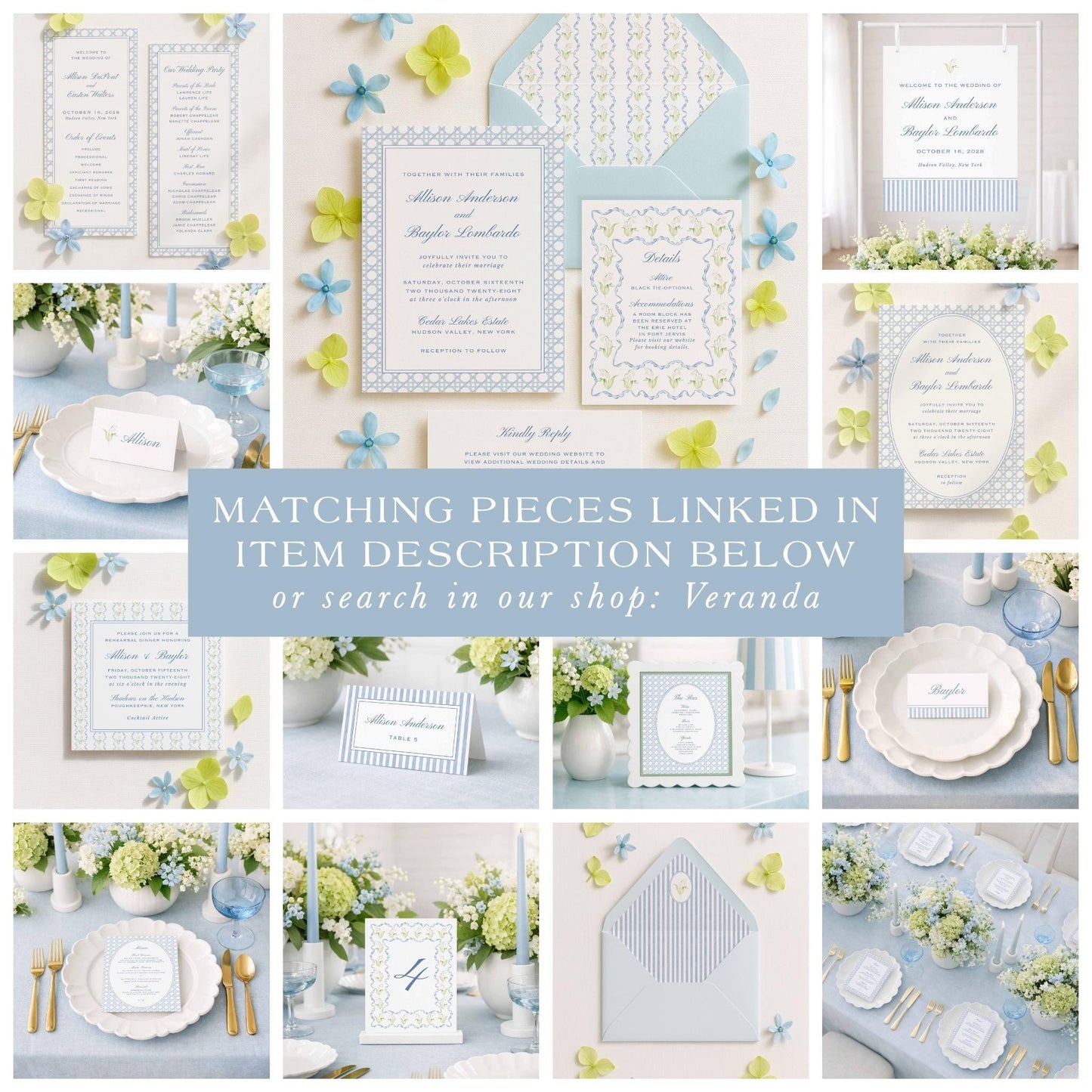 The image is a collage of various wedding-related items, including invitations, place settings, floral arrangements, and other decorative elements, all set against a light blue background.
