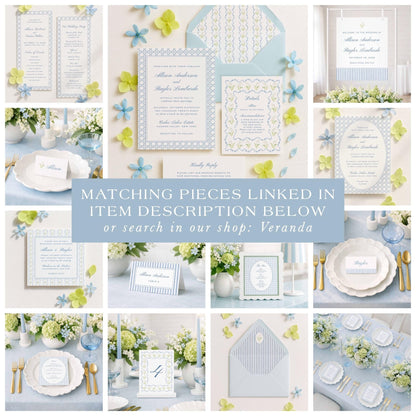The image is a collage of various wedding-related items, including invitations, place settings, floral arrangements, and other decorative elements, all set against a light blue background.