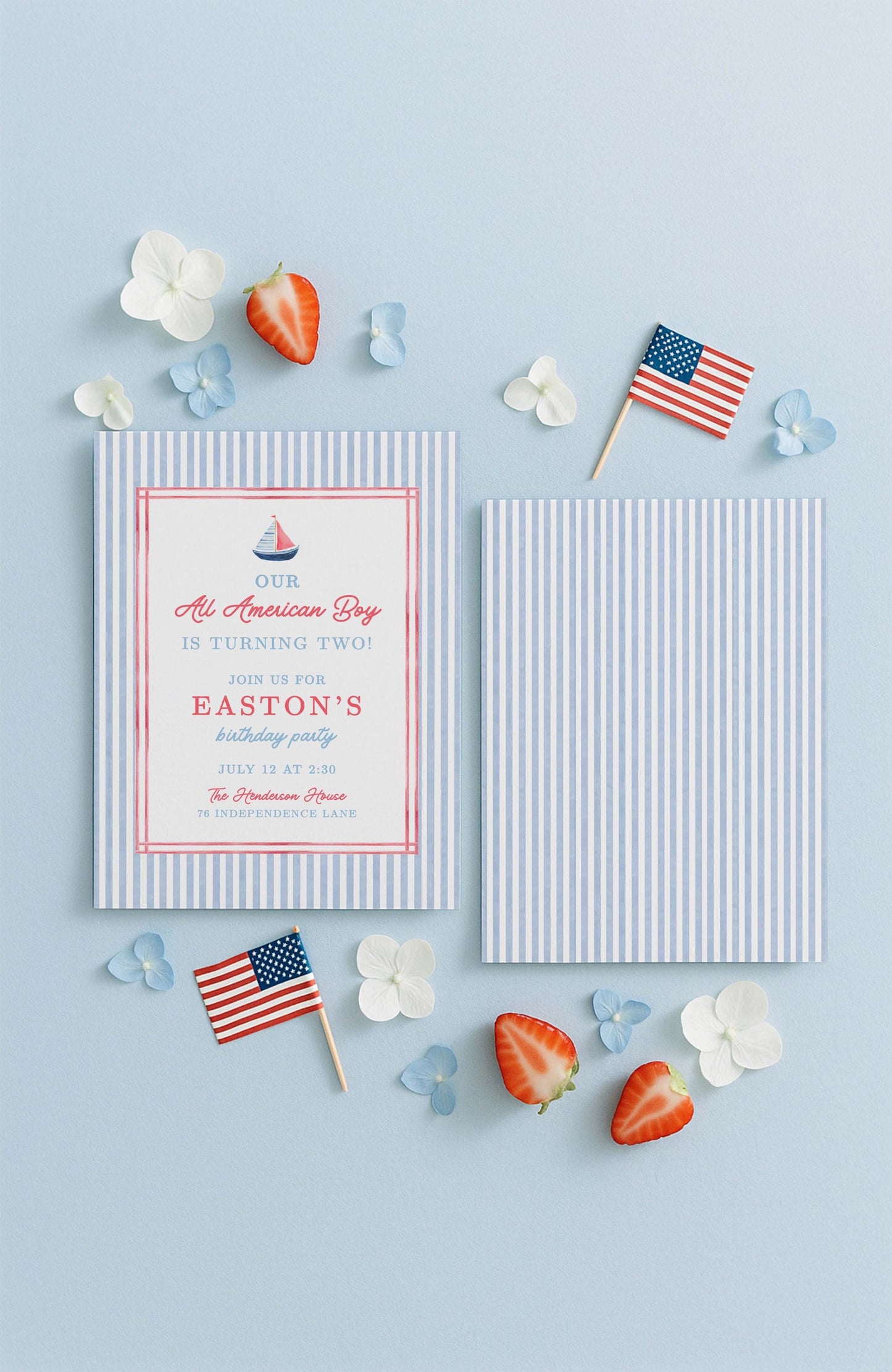 All American Boy Birthday Invitation Template, Red White Blue Striped Boy Birthday Invite, Hand Painted Watercolor Design, Patriotic Party