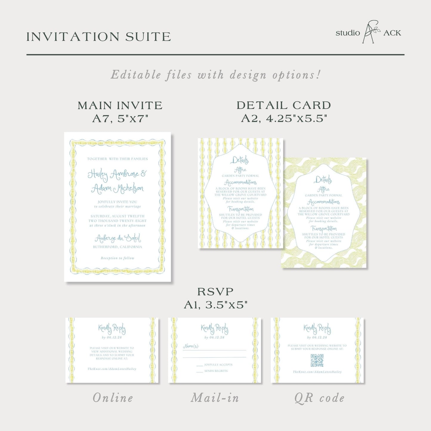 a collection of wedding invitation suite designs, including the main invitee, detail card, RSVP, online, and mail-in options.