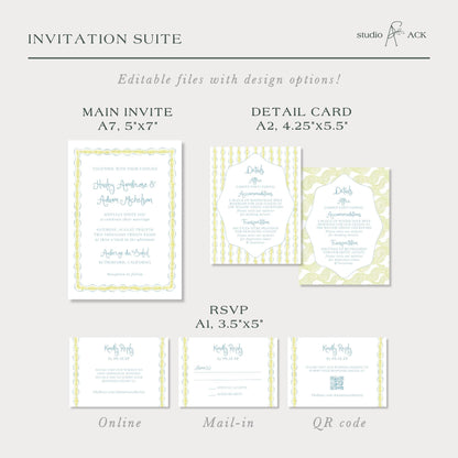 a collection of wedding invitation suite designs, including the main invitee, detail card, RSVP, online, and mail-in options.