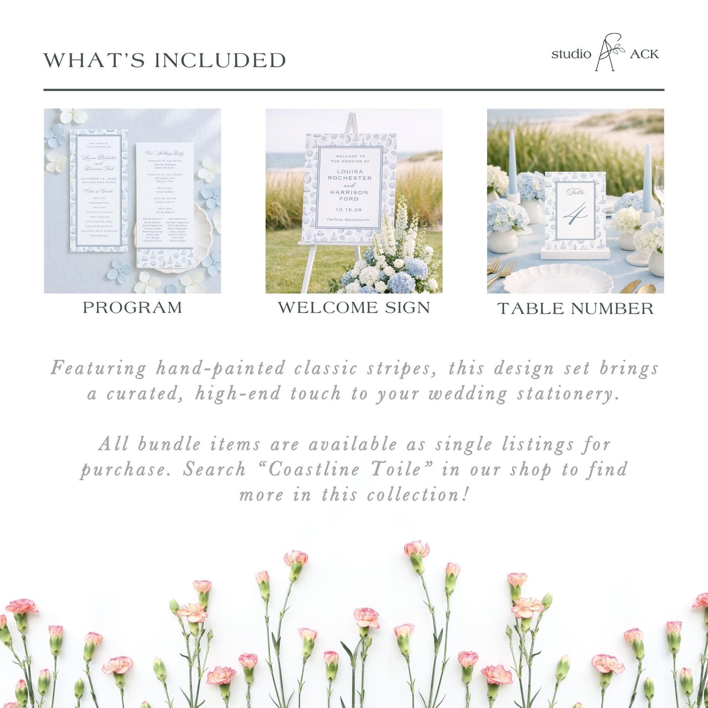 The image is a collage of three different wedding stationery items, including a program, a welcome sign, and a table number. The items are arranged in a way that showcases their unique features and designs.