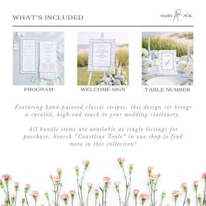 The image is a collage of three different wedding stationery items, including a program, a welcome sign, and a table number. The items are arranged in a way that showcases their unique features and designs.
