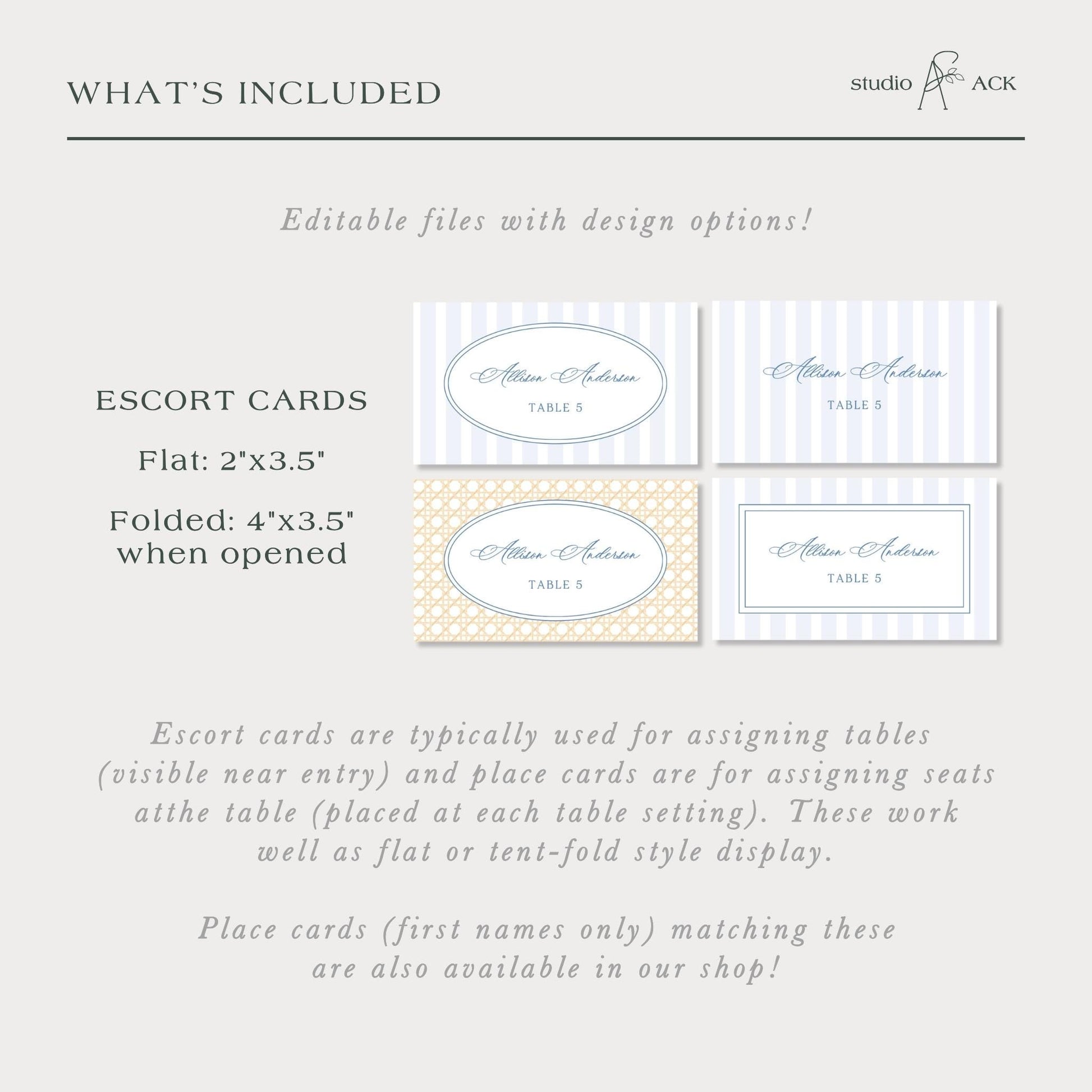 a collection of four different types of cards, including escort cards and place cards, which are typically used for assigning tables and seats at a table. The cards are available in a variety of styles, including flat 2x3.5" and folded 4x3.5" designs.