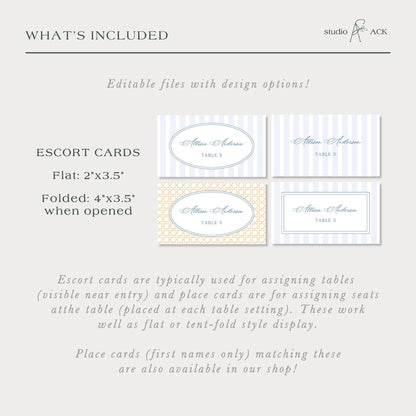 a collection of four different types of cards, including escort cards and place cards, which are typically used for assigning tables and seats at a table. The cards are available in a variety of styles, including flat 2x3.5" and folded 4x3.5" designs.