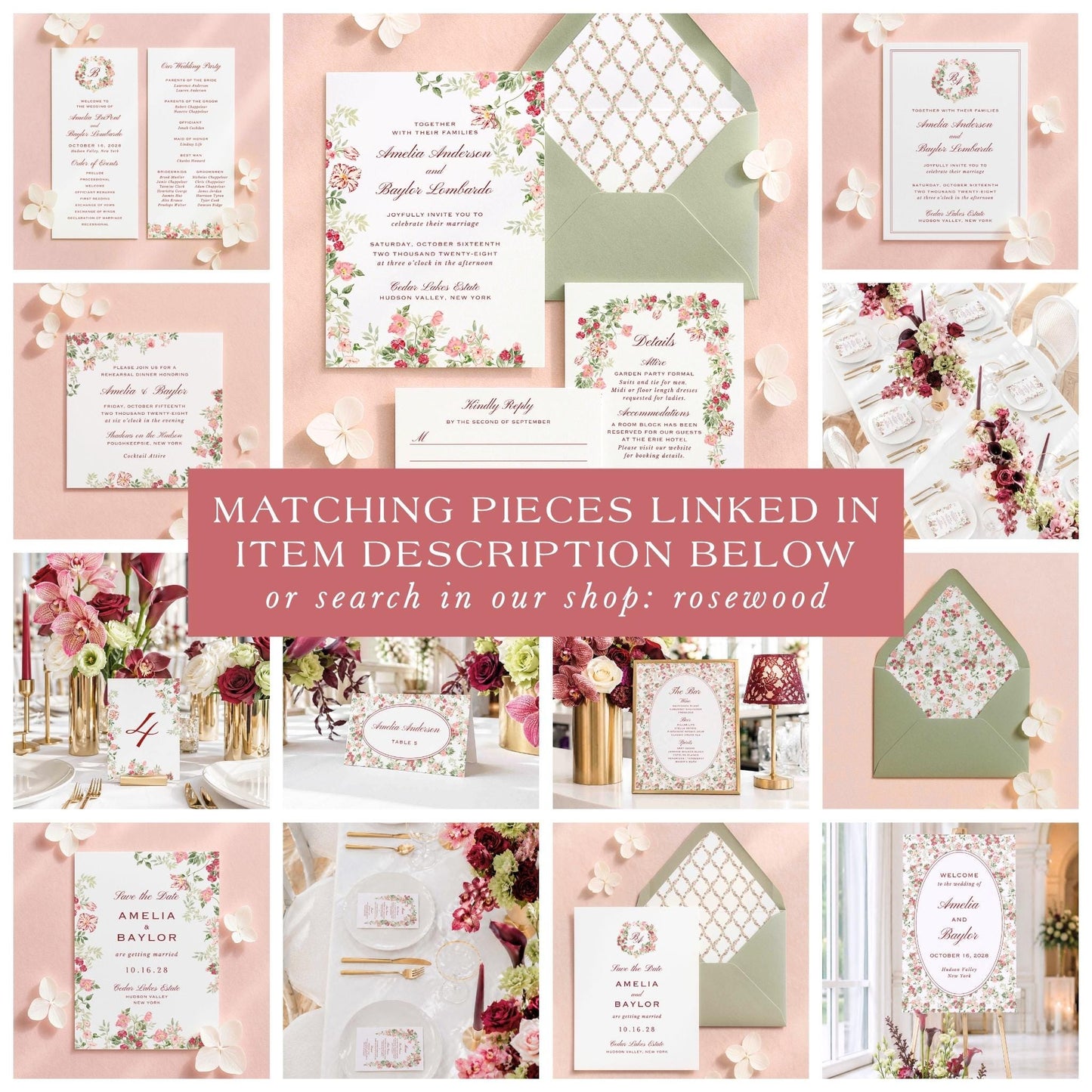 The image is a collage of various wedding-related items, including floral arrangements, stationery, and other decorative elements, all set against a pink background.