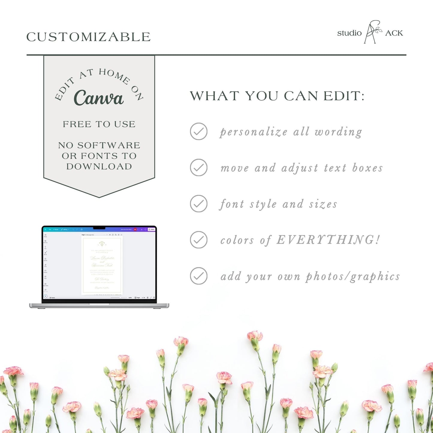a laptop with a floral background, and there is text that provides information about a customizable editing tool called Canva.