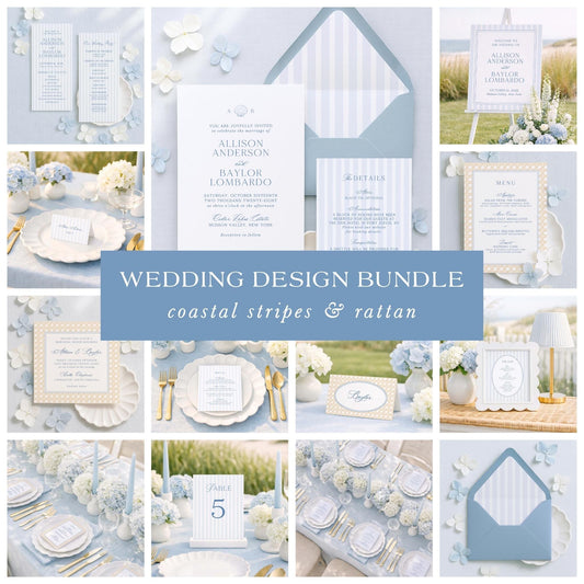 The image is a collage of various wedding-related elements, including a wedding invitation, wedding stationery, floral arrangements, table settings, and other decorative details. The overall theme of the collage is coastal stripes and rattan, with a focus on the elegant and sophisticated design elements of the wedding.