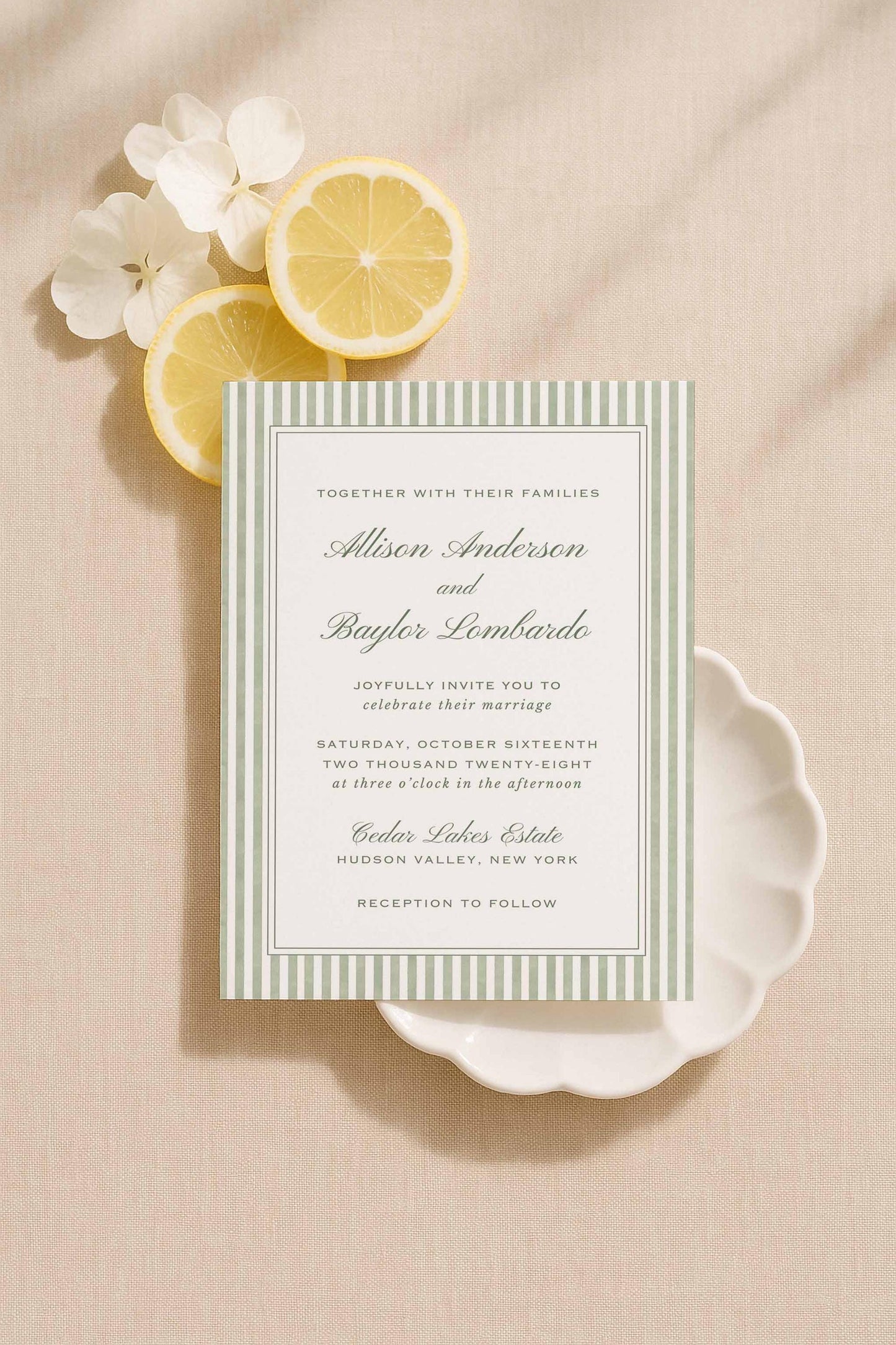 Green Striped Wedding Invitation Suite Template