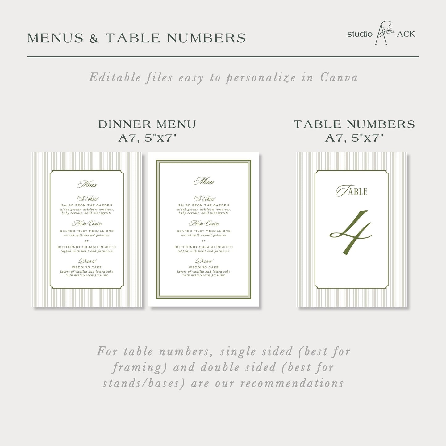 The image is a collage of three images, each depicting a different aspect of menus and table numbers. The first image shows a menu with a table number, the second image displays a table number, and the third image features a table number. The image recommendations suggest that single-sided and double-sided framing and bases are the best options for these items.