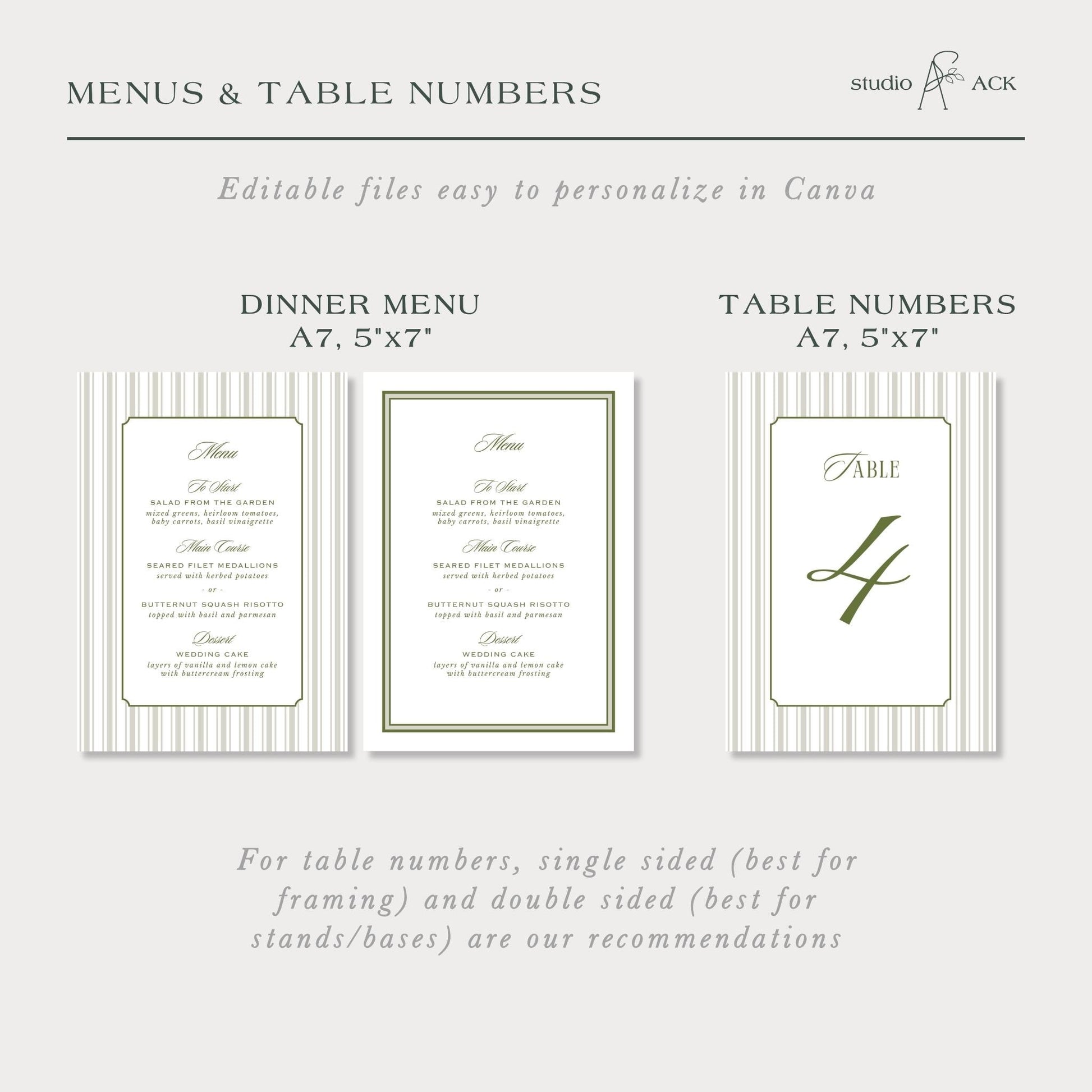 The image is a collage of three images, each depicting a different aspect of menus and table numbers. The first image shows a menu with a table number, the second image displays a table number, and the third image features a table number. The image recommendations suggest that single-sided and double-sided framing and bases are the best options for these items.