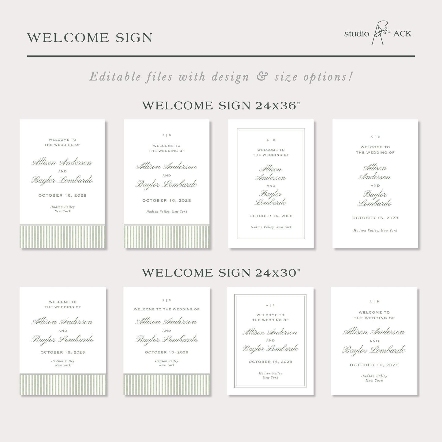 Green Striped Wedding Welcome Sign Template