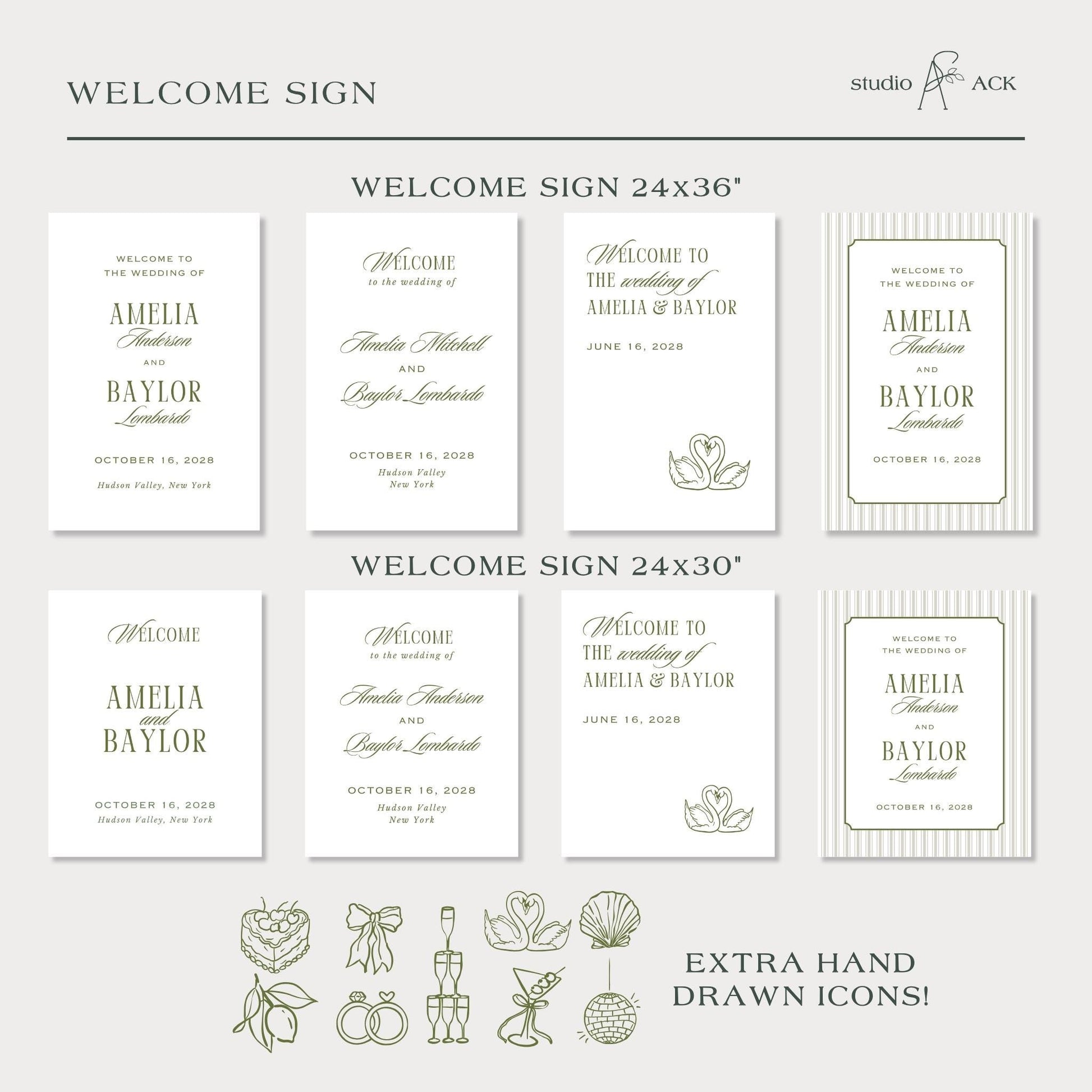 a collection of wedding welcome signs and icons, including the names of the bride and groom, the wedding date, and various decorative elements such as flowers, leaves, and birds.