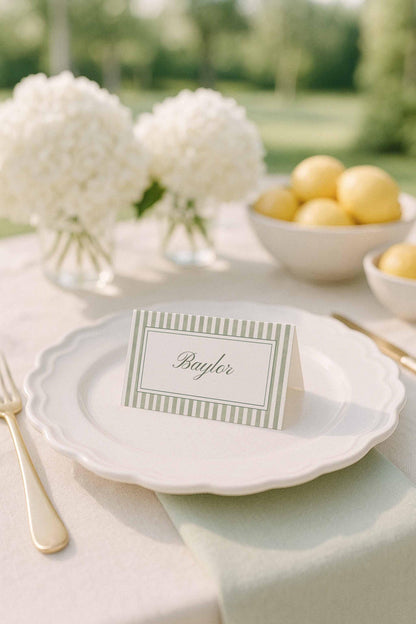 Green Striped Wedding Place Card Template