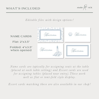 Coastal Toile Wedding Place Card Template