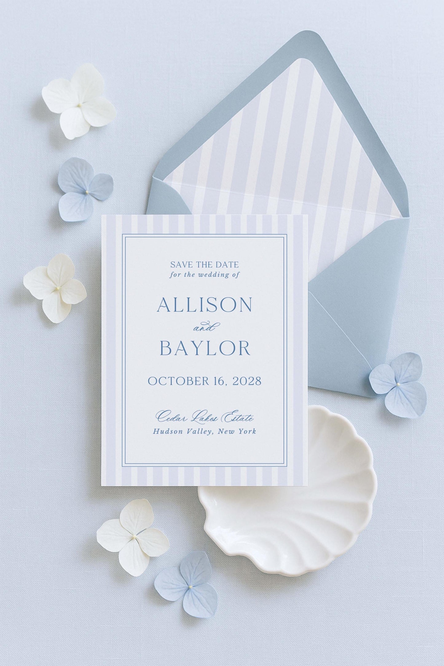 a wedding invitation card with the text "Save the date for the wedding of Allison and Baylar October 16, 2028" printed on it, along with some decorative elements such as flowers and a shell.