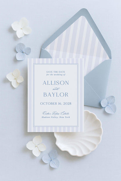a wedding invitation card with the text "Save the date for the wedding of Allison and Baylar October 16, 2028" printed on it, along with some decorative elements such as flowers and a shell.