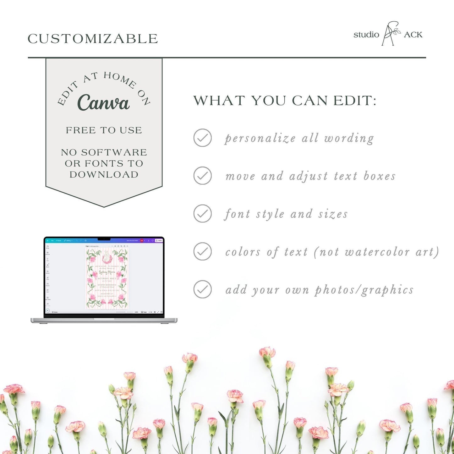 Striped Baby Shower Invitation Template | Green or Pink