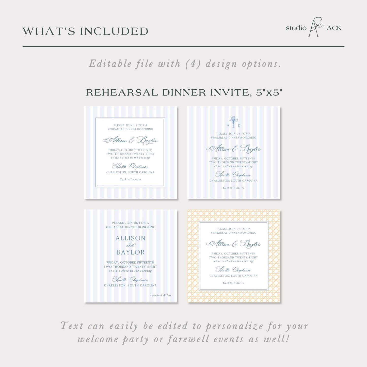 a set of four invitation cards with different designs and text, including a Rehearsal Dinner Invite and a Rehearsal Dinner Invite with cocktail attire.