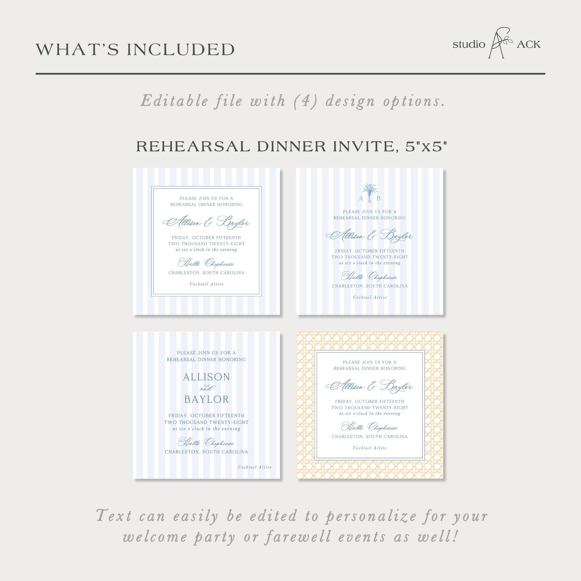 a set of four invitation cards with different designs and text, including a Rehearsal Dinner Invite and a Rehearsal Dinner Invite with cocktail attire.