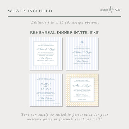 a set of four invitation cards with different designs and text, including a Rehearsal Dinner Invite and a Rehearsal Dinner Invite with cocktail attire.