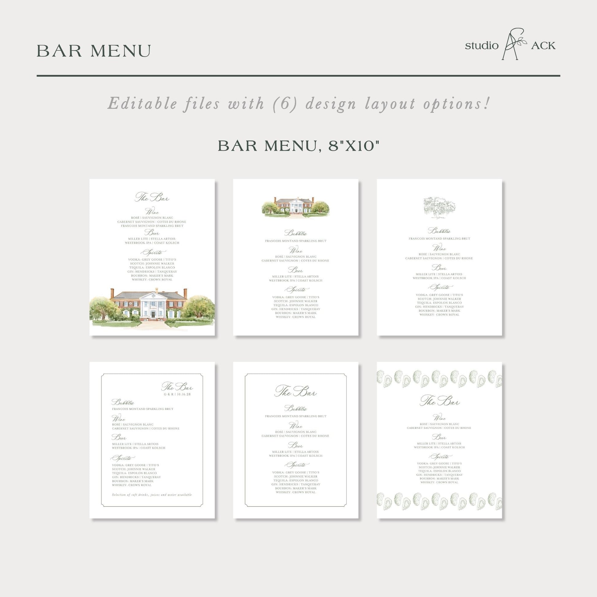 a collection of six different bar menu designs, each with a unique layout and style. The bar menu designs are editable and customizable, allowing for various design options and layouts.