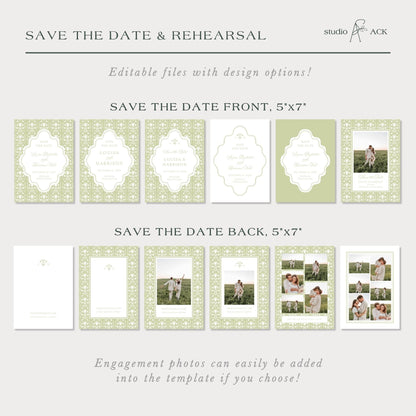 a collection of design options for a save the date and rehearsal event, including various layouts and themes for both front and back covers. The options allow for easy customization of the design, and engagement photos can be added to the template to create a personalized save the date experience.
