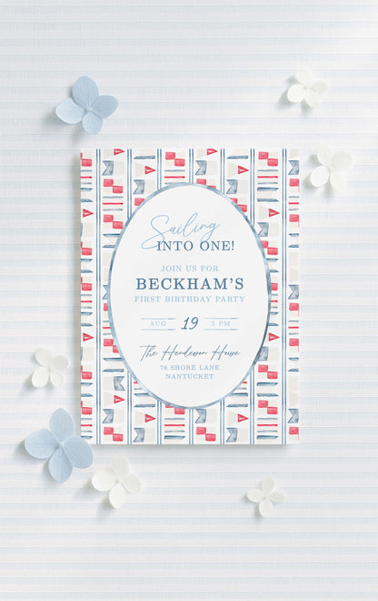 First Birthday Invite Template, Nautical Sailing Into One Boy 1st Birthday Party, Baby Boy Nautical Theme, Hand Painted Watercolor Sailboat
