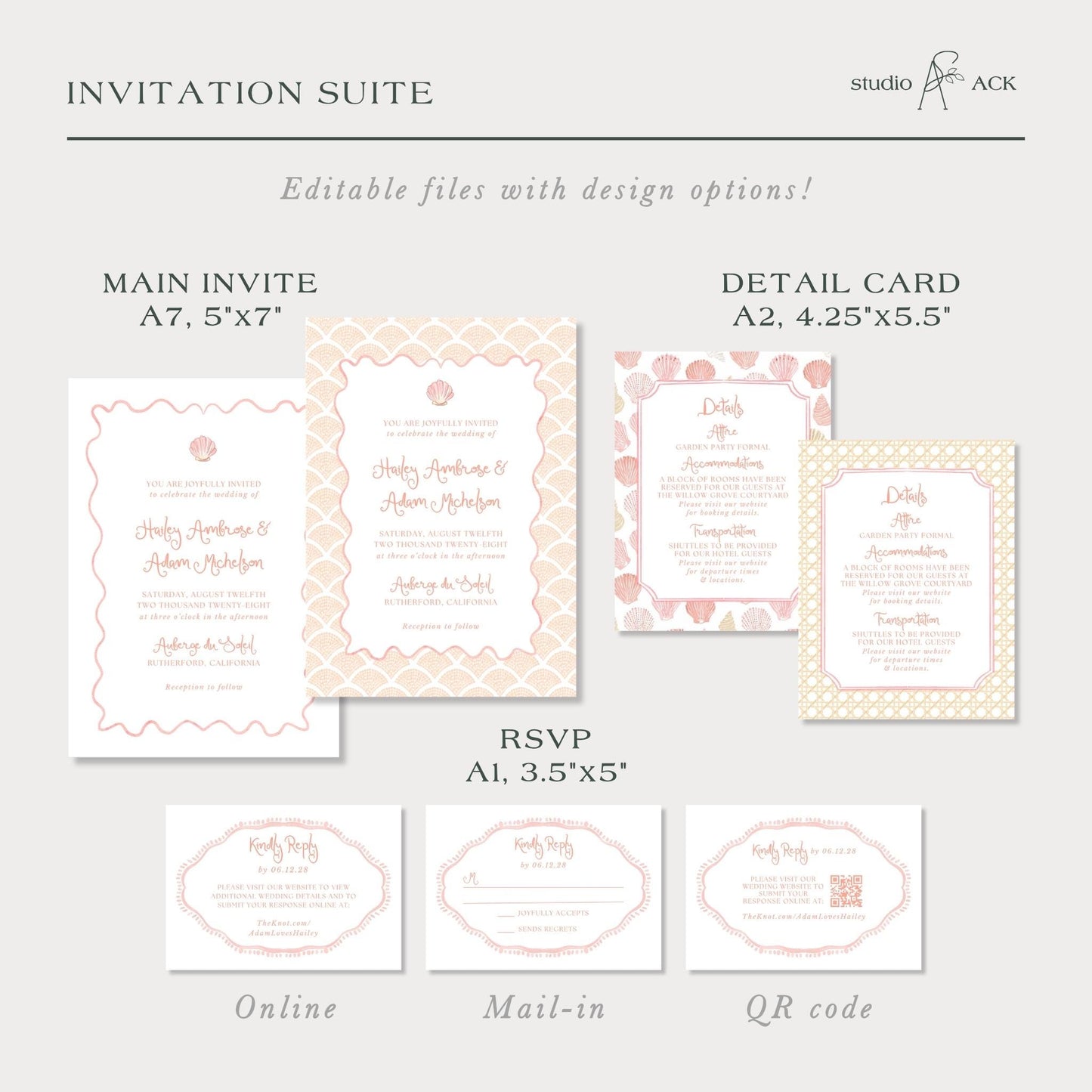 a collection of wedding invitation suite designs, including the main invitee, detail card, RSVP, and online and mail-in options.