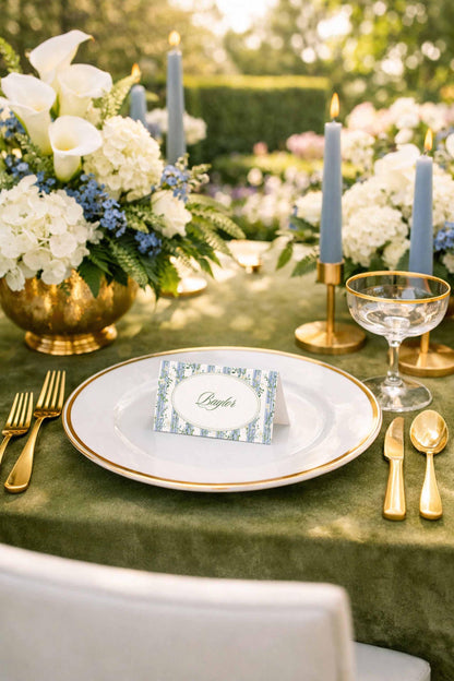 Blue, White & Green Wedding Place Card Template