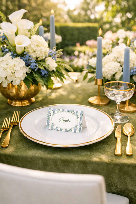 Blue, White & Green Wedding Place Card Template