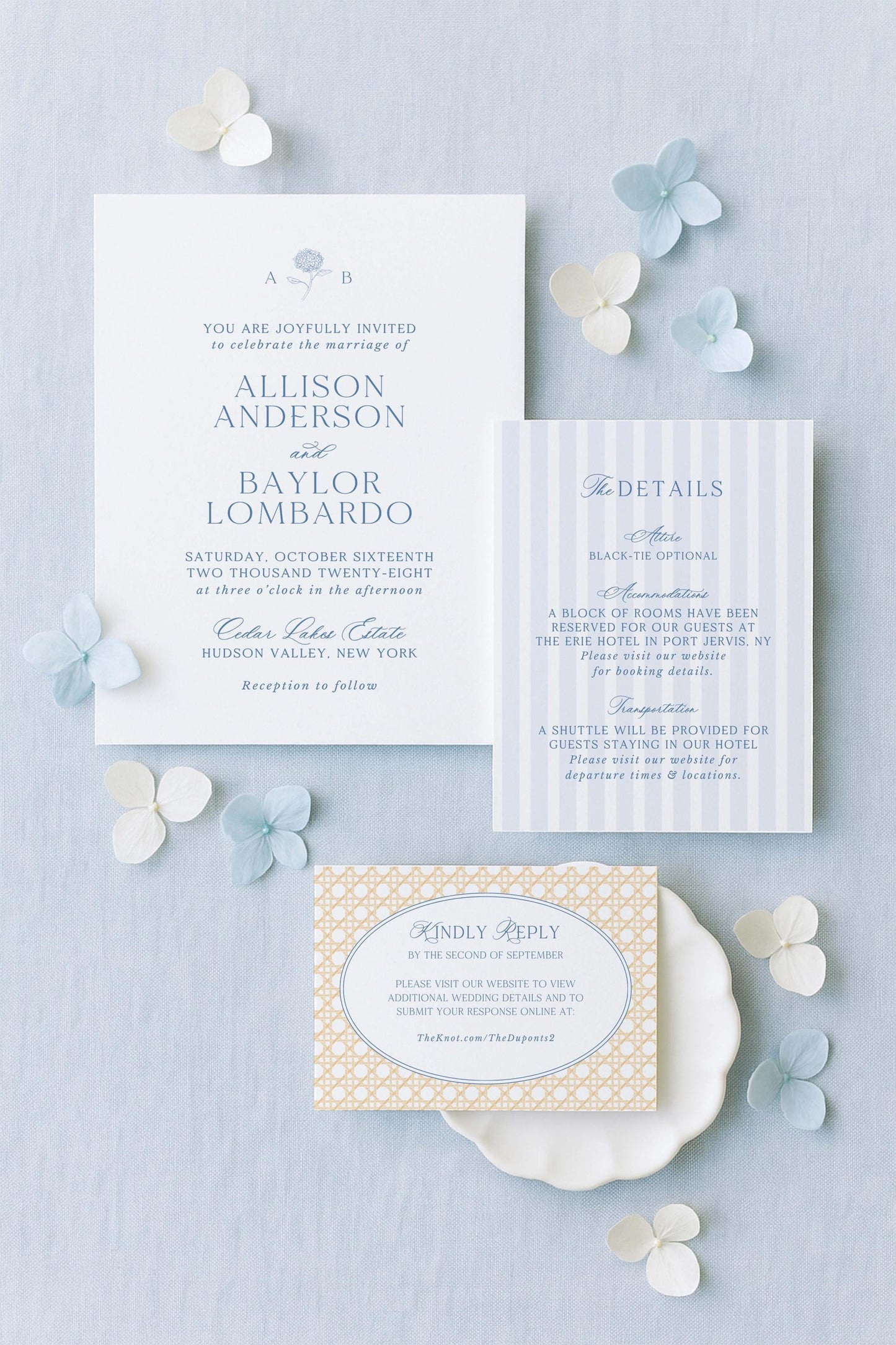 wedding invitations for a couple, with details about the wedding ceremony and reception.