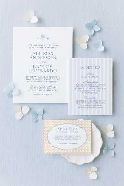 wedding invitations for a couple, with details about the wedding ceremony and reception.