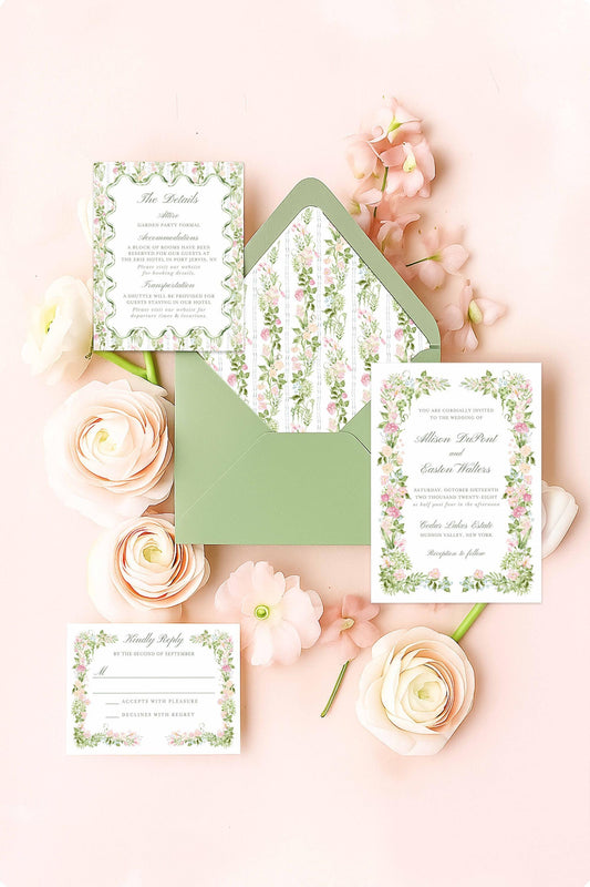 Romantic flat lay of watercolor floral wedding stationery, including invitation, details card, RSVP card, and matching envelope liner styled with soft pastel florals.