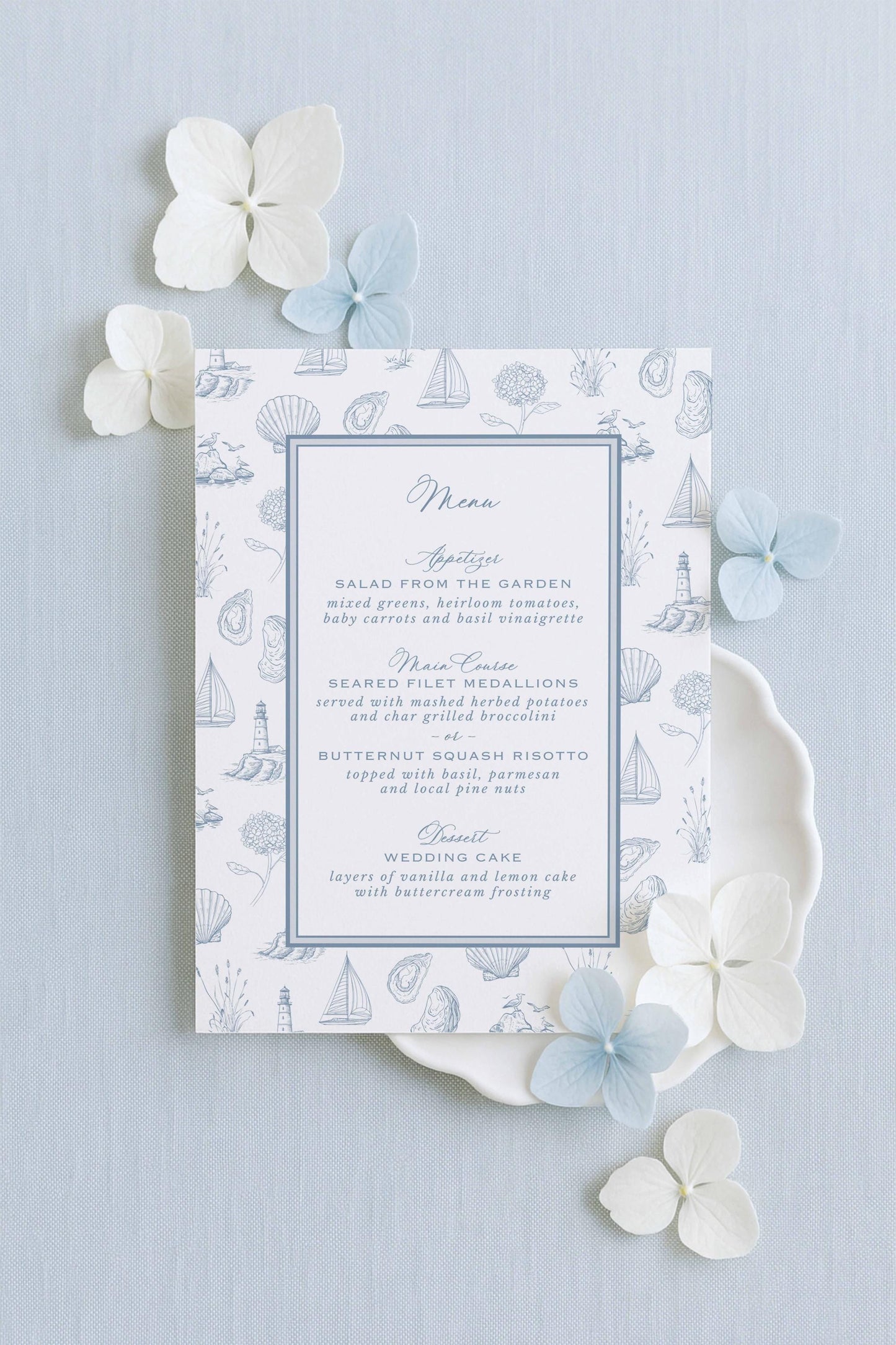 Coastal Toile Wedding Menu Template