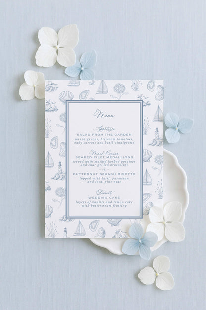 Coastal Toile Wedding Menu Template