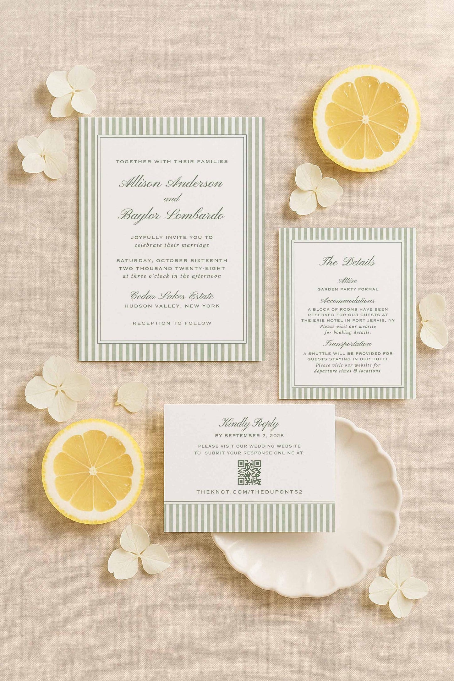 Green Striped Wedding Invitation Suite Template
