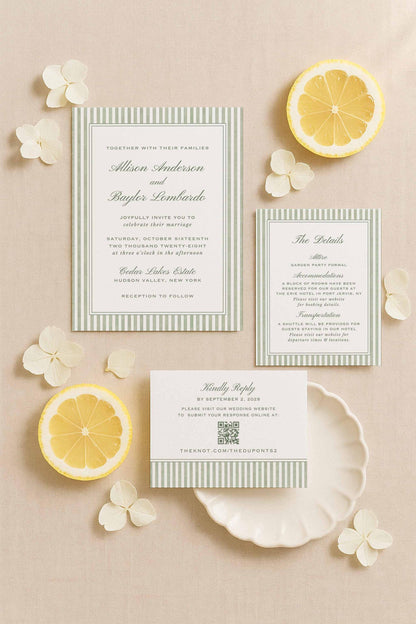 Green Striped Wedding Invitation Suite Template