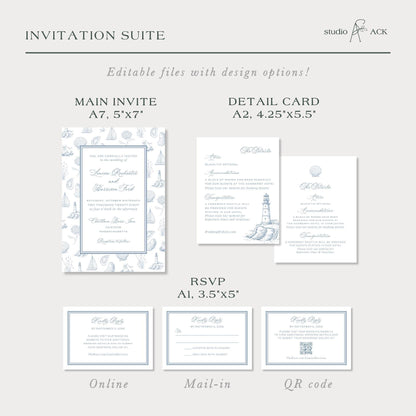 Coastal Toile Wedding Invitation Suite Template