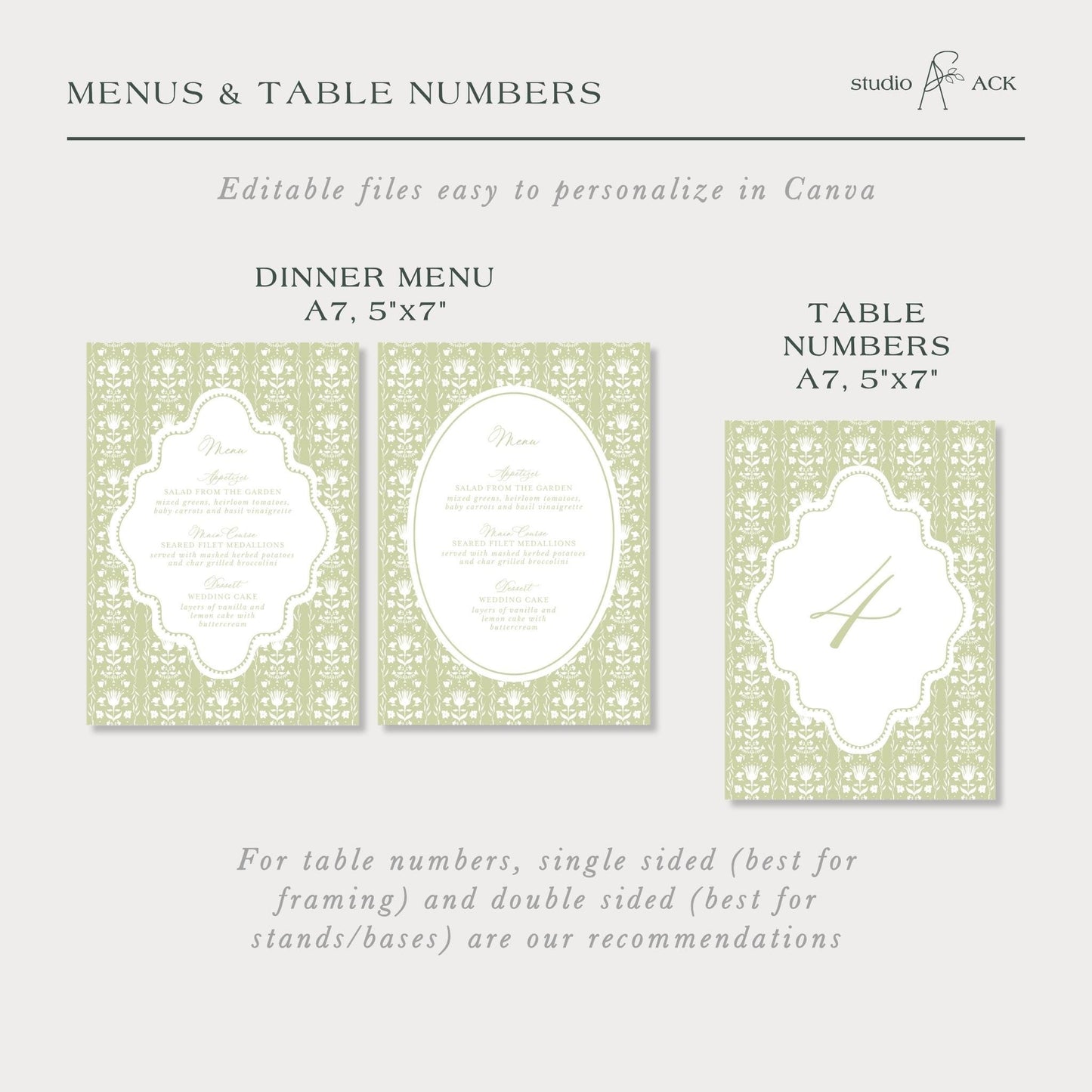 three different menu and table number designs, each with a unique layout and size. The text suggests that these designs can be edited to personalize in Canva, and that there are recommendations for the best framing and stand/base sizes for each design.