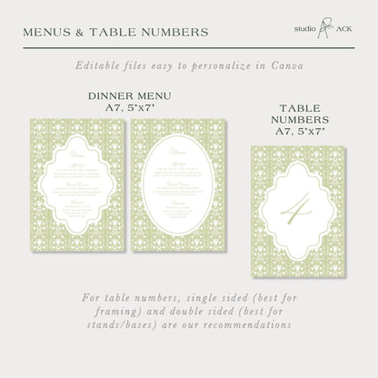 three different menu and table number designs, each with a unique layout and size. The text suggests that these designs can be edited to personalize in Canva, and that there are recommendations for the best framing and stand/base sizes for each design.