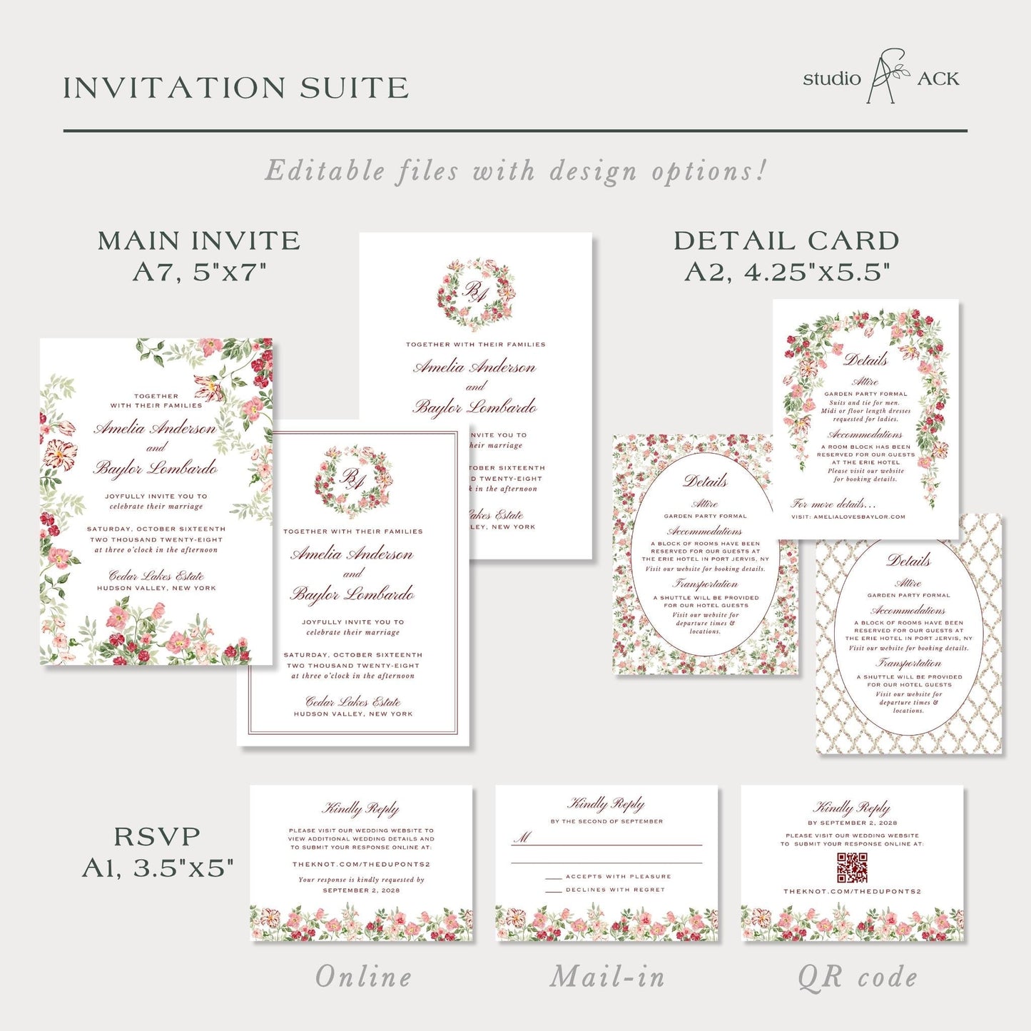 Dusty Pink Floral Wedding Invitation Suite Template